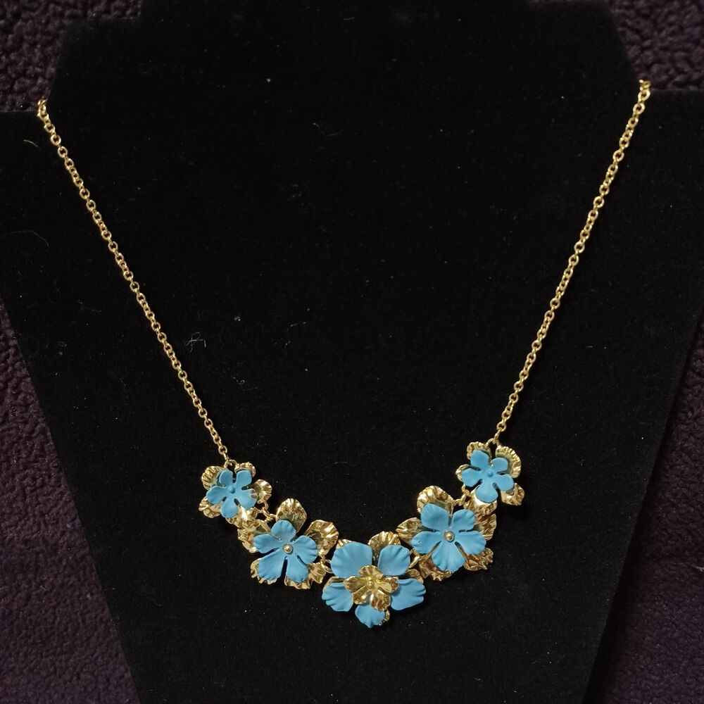 CHARMING CHARLIE Gold-Toned and Blue Flower Statement Necklace, 16”